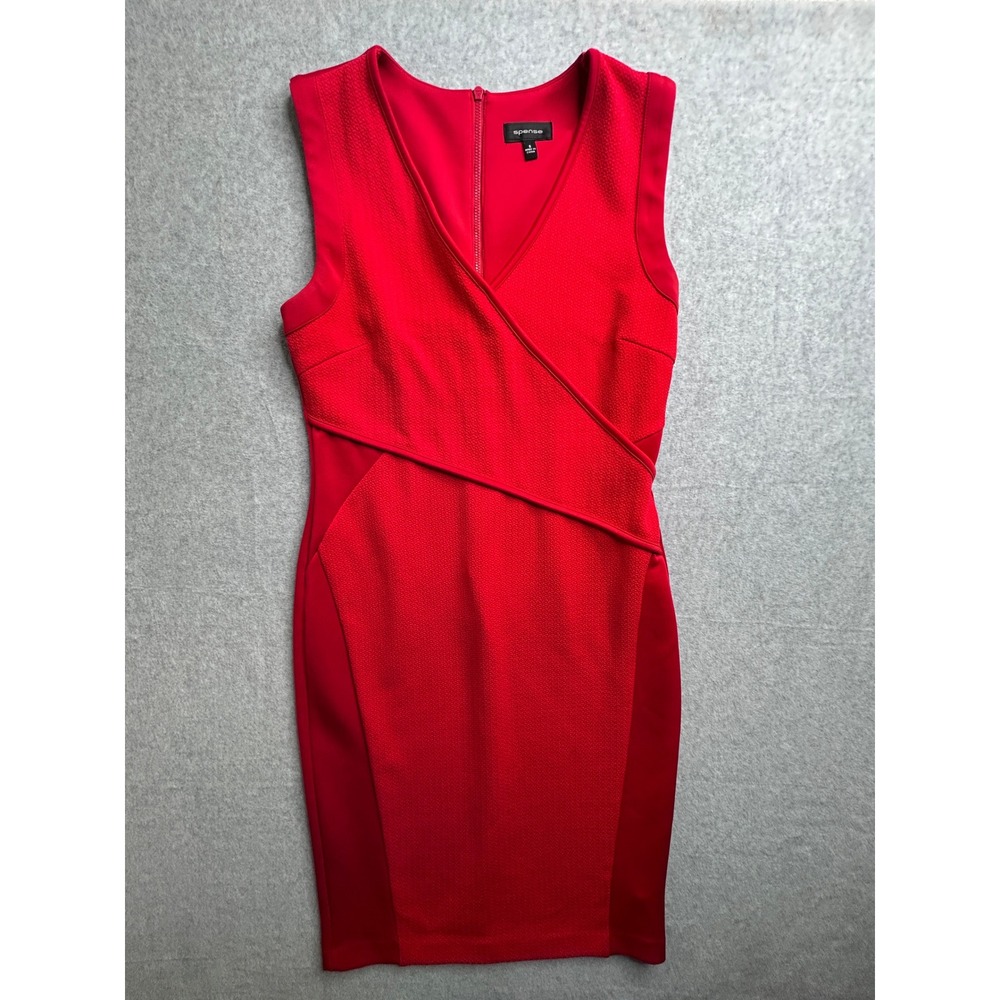 Spense Red Sleeveless V-Neck Faux Wrap Textured Sheath Dress Size 8